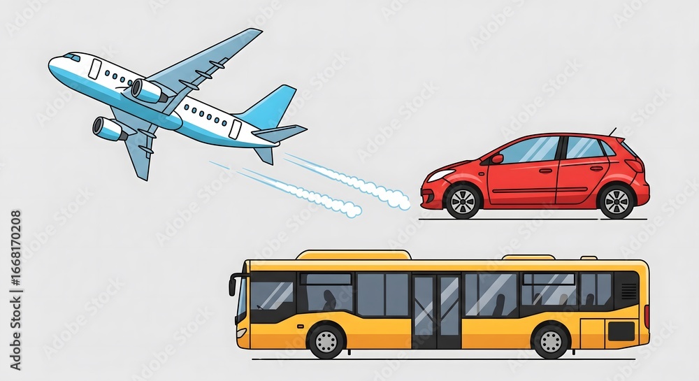 Fototapeta premium A plane, car and bus represent different modes of transportation on a white background.