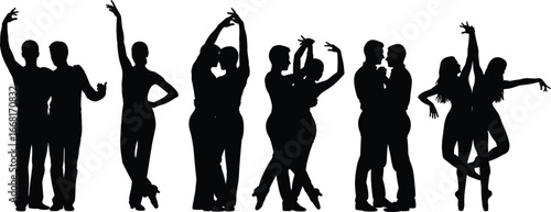Silhouette couples dancing, ballroom, tango, ballet, modern dance illustration, romantic poses, vector design for love, performance, celebration, artistic expression