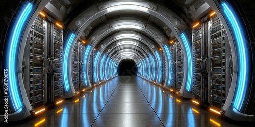Fototapeta Naklejka Na Ścianę i Meble -  Futuristic server tunnel with glowing neon lights and digital data servers.