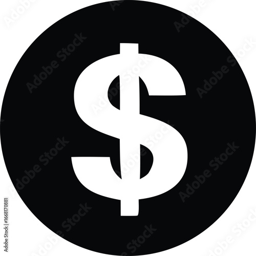 Bold white dollar sign inside a solid black circle symbolizing currency finance and economic value