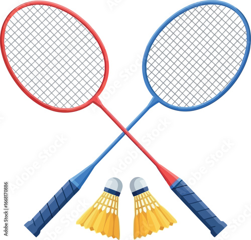 Red and blue badminton rackets crossed with two shuttlecocks on a white background, ready for a game.