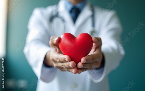 Doctor holding red heart at hospital, closeup. Donation day. High quality