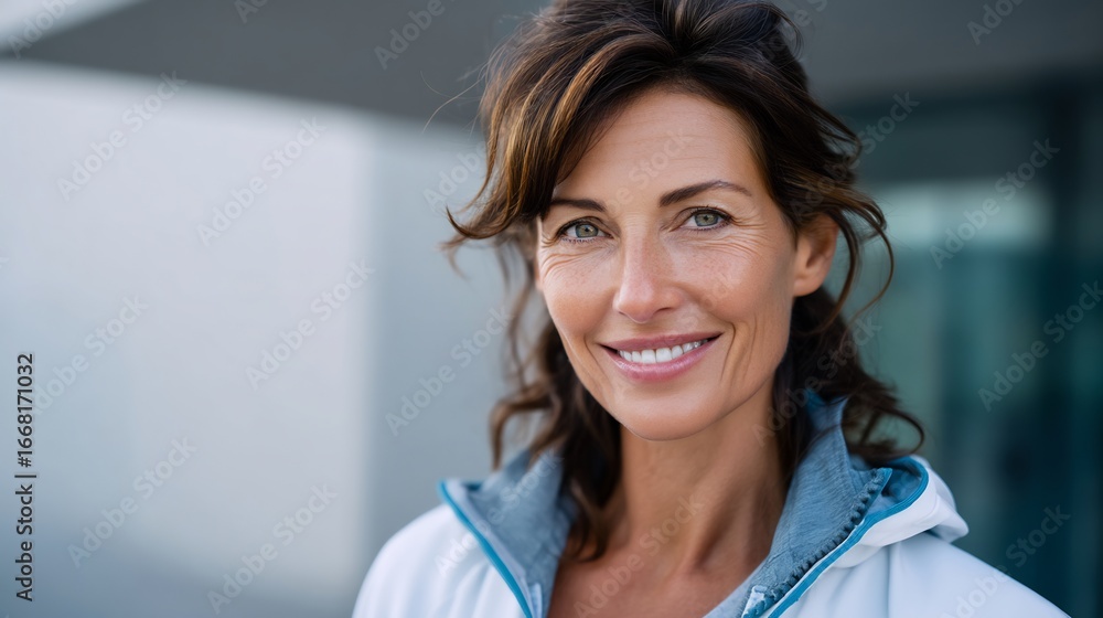 Fototapeta premium Smiling Woman in Active Wear: Portrait of a Mature Woman Embodying Health, Fitness, and a Positive Outlook