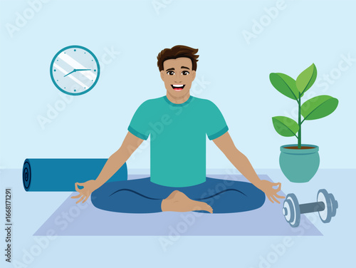 Happy young man sitting in yoga position in yoga studio vector illustration. Smiling man doing yoga at home drawing. Cheerful yoga instructor in flat cartoon style