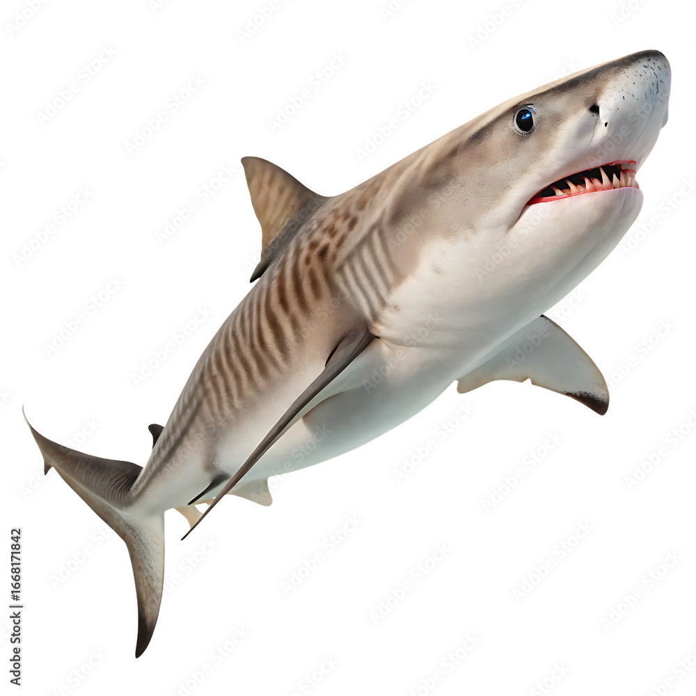 Naklejka premium A large tiger shark with dark stripes a dangerous predator isolated on a transparent background png