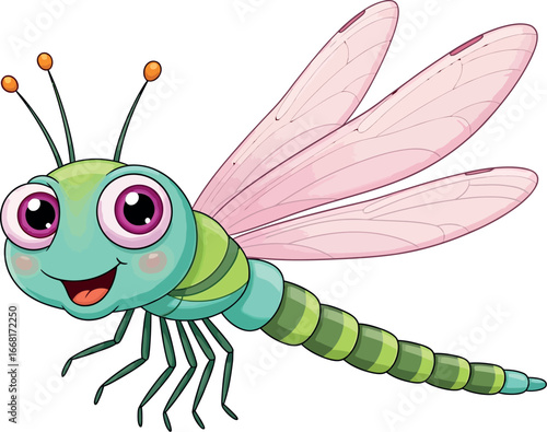 A cheerful cartoon dragonfly with large pink wings and big eyes flies gracefully against a white background.