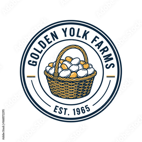 Golden Yolk Farms Logo Design With Basket Of Eggs Vector Illustration