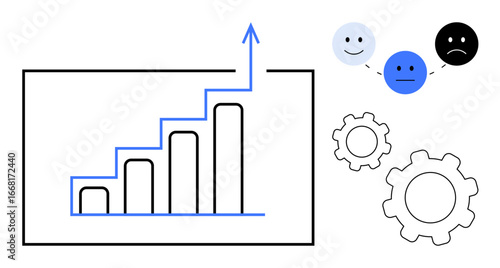 Bar chart with upward arrow, emotive face icons for feedback, and gear designs for mechanism concepts. Ideal for business growth, strategy, performance, development, feedback, productivity simple
