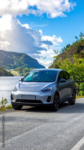 Silver electric car parked roadside, scenic fjord backdrop