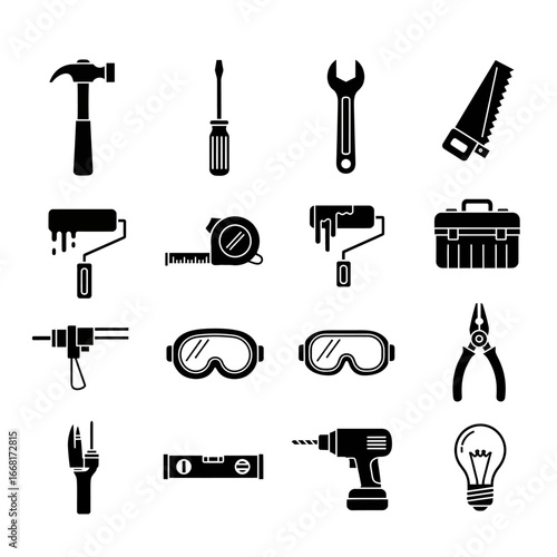 Versatile Array of Vital Tools for Everyday Repairs, Home Improvement Tasks, and General Construction Endeavors, Presented as Clean and Modern Graphic Icons, Symbolizing Practicality