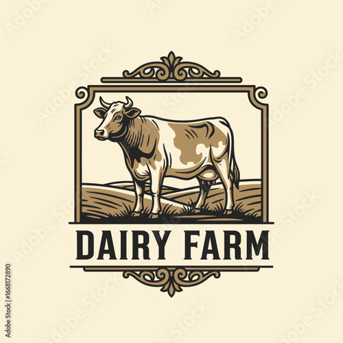A Charming Cow in a Pastoral Setting Logo Design Illustration for Dairy Farms