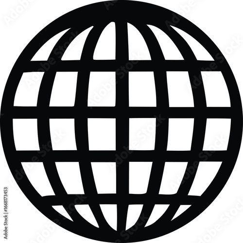 Black globe icon with grid lines representing global connectivity and internet access symbolizing worldwide communication network