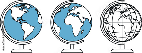 Three globes showing different continents and cartographic detail
