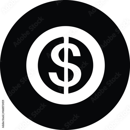 Bold black and white dollar coin symbol icon representing financial wealth success and monetary transactions