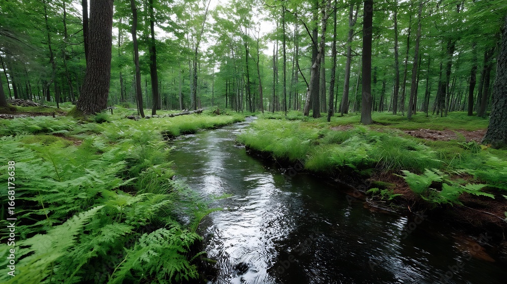 Obraz premium Tranquil Forest Stream Flowing Through Dense Greenery, Tall Trees and Ferns Creating a Serene Natural Scene