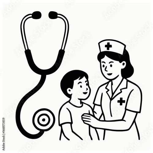 Medical care concept vector: healthcare symbol with nurse and child for hospital and wellness