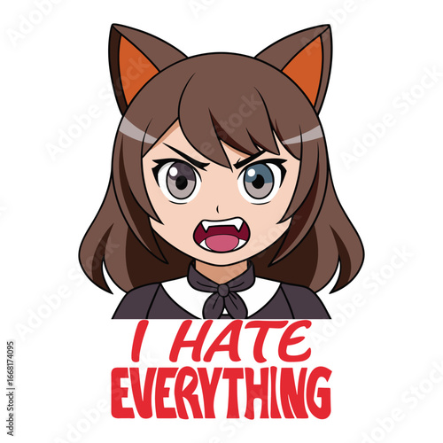 Angry Kawaii Cat Girl – I Hate Everything Meme Illustration