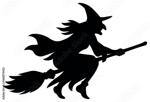 Witch silhouette vector | flying witch design | halloween magical broomstick illustration