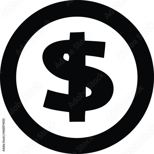 Bold black dollar sign icon within a circle representing finance business and currency symbol for transactions