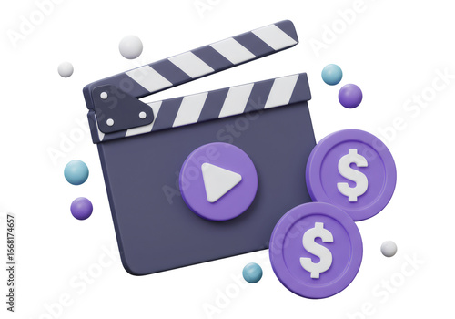 3D Clapperboard with Purple Play Button and Dollar Coins on Transparent Background