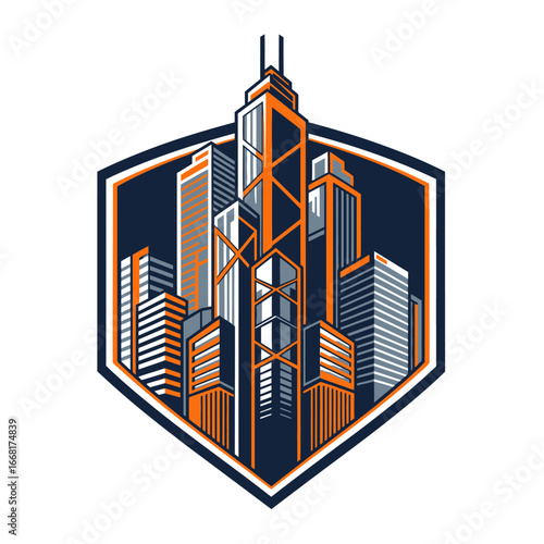 A city skyline emblem, showcasing skyscrapers within a protective shield.
