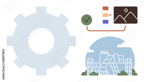 Gear beside a data flow chart and modern mall graphic representing information organization, technology, retail infrastructure, process management, workflow optimization, and urban planning. Ideal
