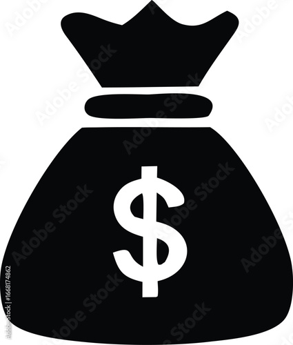 Iconic black and white money bag with dollar sign symbolizing wealth financial success and cash generosity prosperity investments savings earnings profits