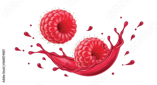 Juicy raspberries splashing in vibrant red liquid, creating a dynamic and refreshing motion.