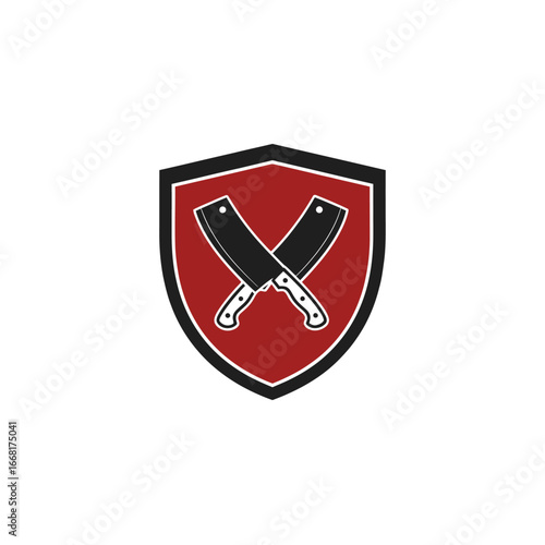 Crossed cleavers logo design for a butcher shop.  Red shield, black cleavers.