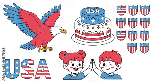 Festive USA celebration elements including an eagle, cake, and children high-fiving