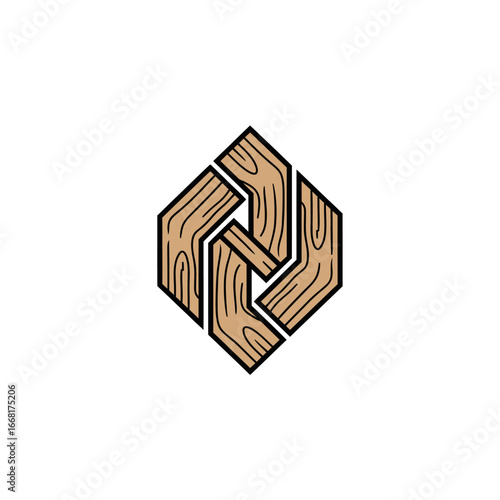 Abstract hexagonal logo design featuring a wooden texture. Ideal for carpentry or nature-related businesses.