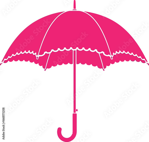 A vibrant pink umbrella with a decorative scalloped edge, presented against a clean white background.