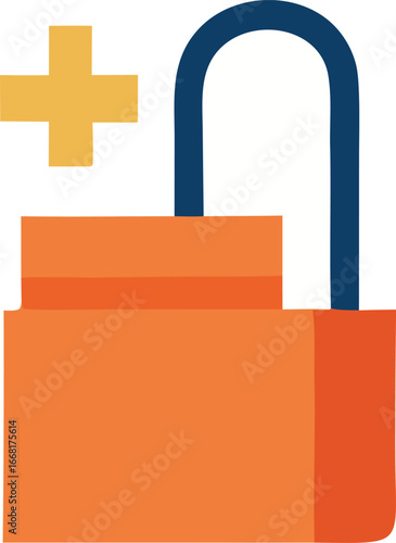 Orange padlock with blue shackle and yellow plus sign representing security access and enhancement concepts