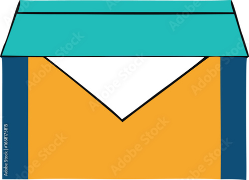 Open envelope with blue and teal flap and orange body showing white paper