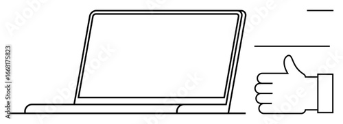 Open laptop with thumbs-up hand gesture emphasizing approval, digital interaction, and success. Ideal for feedback, technology, communication, business efficiency, user satisfaction, motivation