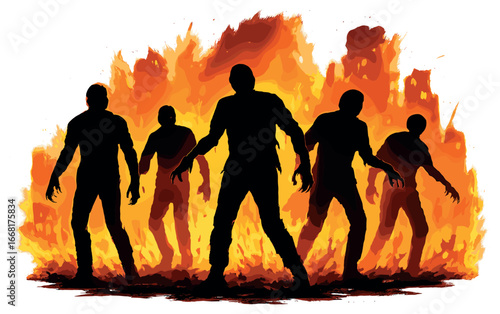 Zombies silhouetted against a burning city: apocalyptic halloween concept vector art