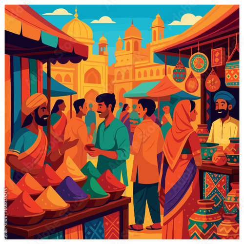 Vibrant indian marketplace vector - colorful bazaar, festive atmosphere, cultural heritage