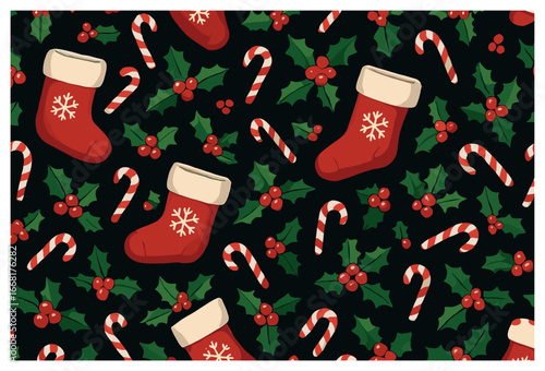 Festive christmas stocking vector pattern with holly and candy canes - holiday background design