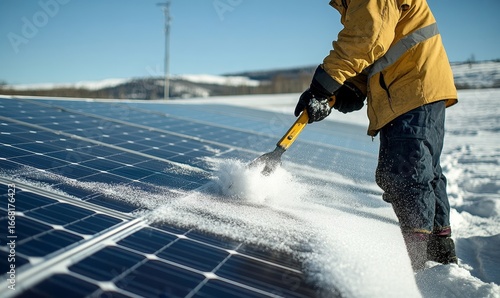 Removing snow from solar panels to ensure maximum efficiency in sustainable energy generation during winter. This image demonstrates the importance of maintaining renewable, Generative AI