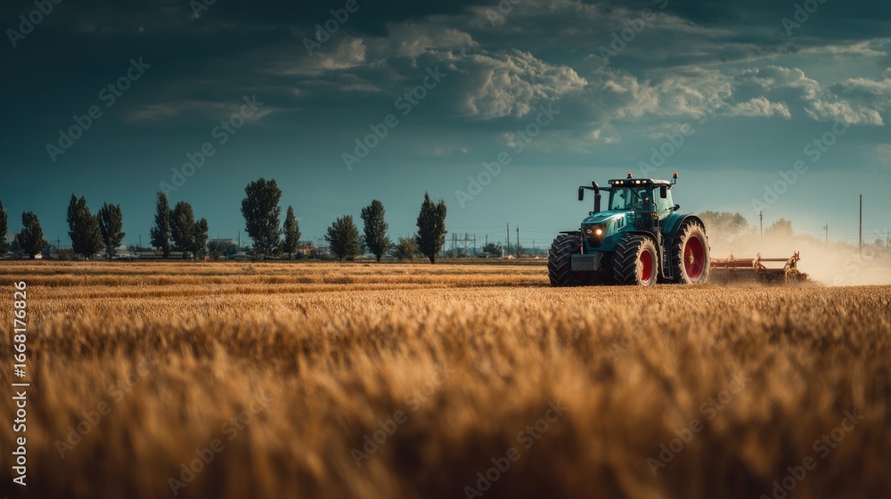Fototapeta premium Agricultural tractor plowing a golden wheat field under a cloudy sky