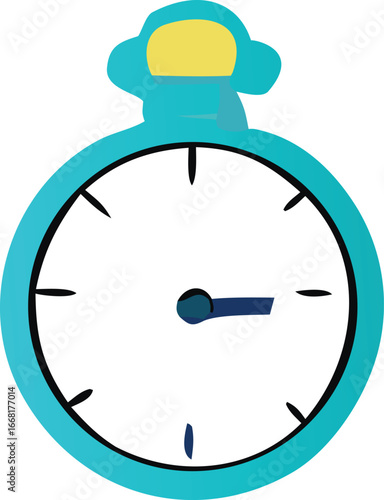 Cute cartoon stopwatch with blue body and yellow top signaling time passing with simple clock face and hour hand