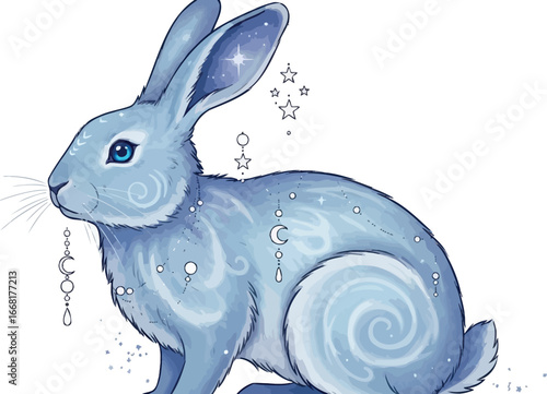 Enchanting celestial rabbit with starry, swirling patterns and moon details
