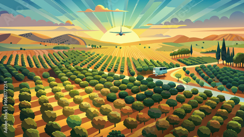 Drone Aerial View of Olive Grove in Alentejo, Portugal
From above, endless olive groves unfold in perfect harmony, patterned green stretching toward distant horizons, sunlight gilds the fields, embody