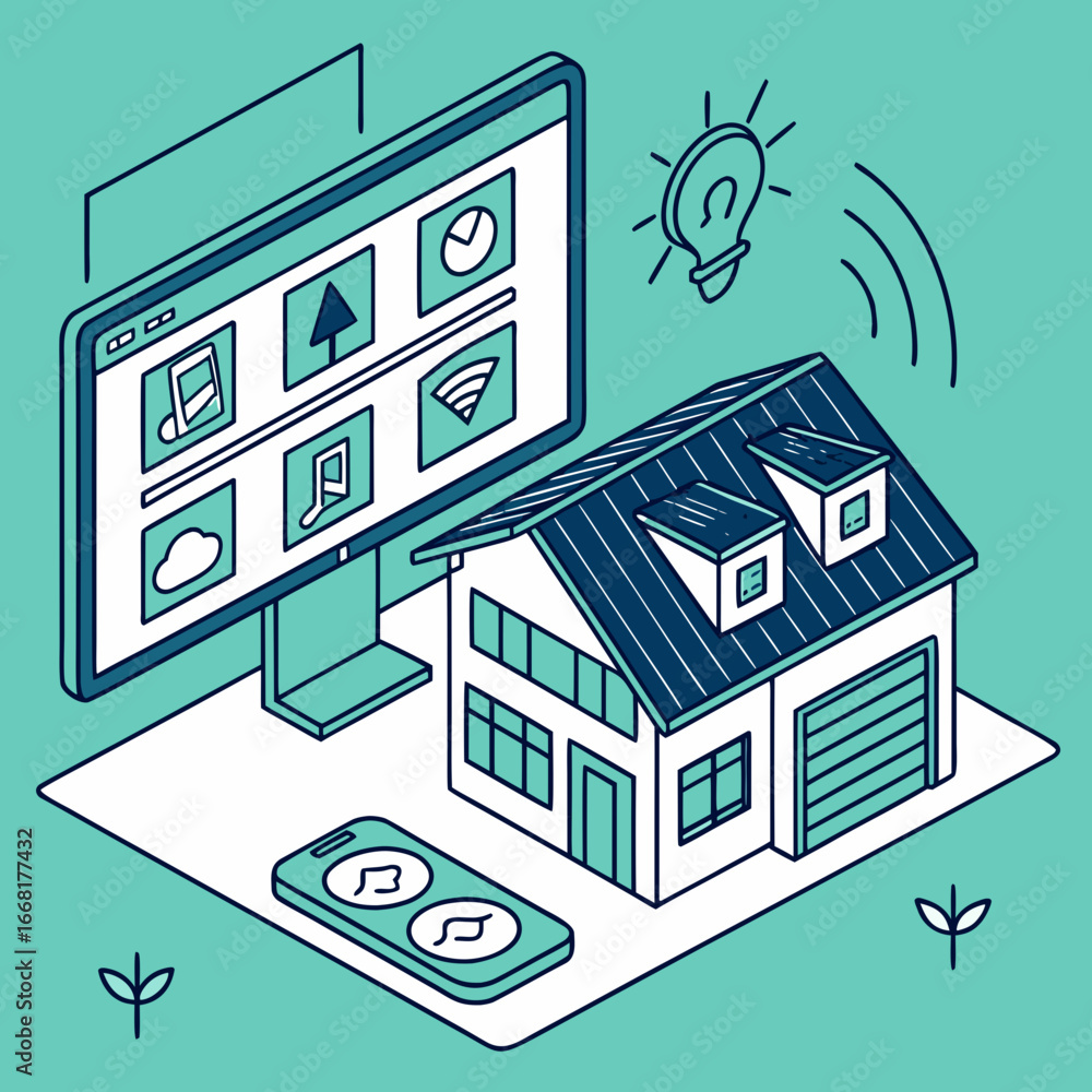 Naklejka premium An isometric view of a smart home control room interface. The screen shows icons for controlling security cameras, thermostat, lighting, and music in a modern house. The design is clean, futuristic, a