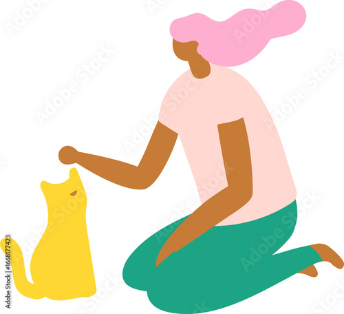 Flat vector illustration of woman sitting with cat. Isometric female character in pet lifestyle, family comfort, leisure, relaxation and modern home activity concept.
