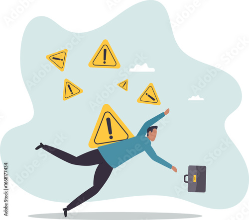 Caution or mistake attention, risk alarm with exclamation point symbol, error or failure warning, bankruptcy notice alert,about a man and his life.
