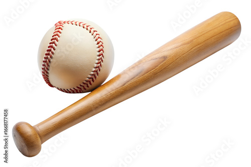 Baseball and wooden bat, isolated on transparent background