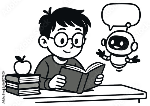 Student and robot vector illustration | education, technology, learning, ai friendship concept