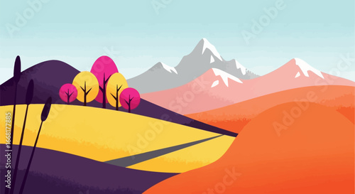 Vibrant rolling hills and snow-capped mountains under a clear sky