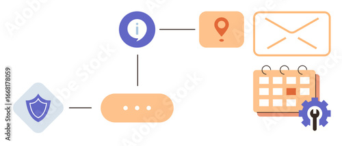Flowchart featuring secure shield, info icon, location, messaging envelope, calendar, and gear for processes. Ideal for planning, decision-making, navigation workflow scheduling communication